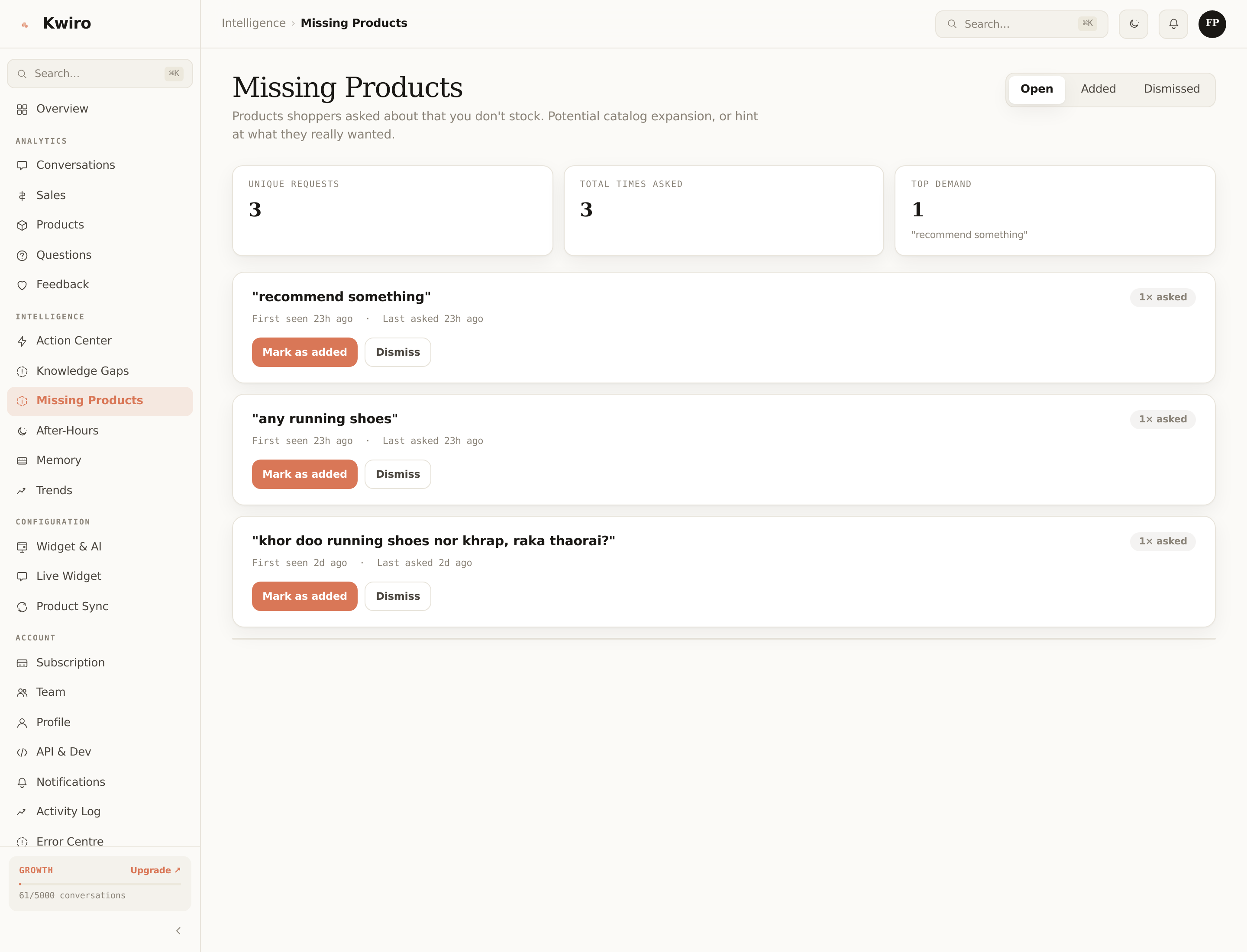 The Missing Products page listing things shoppers asked about that the store doesn't stock — including a Bangla code-mix request — with Mark as added / Dismiss controls.