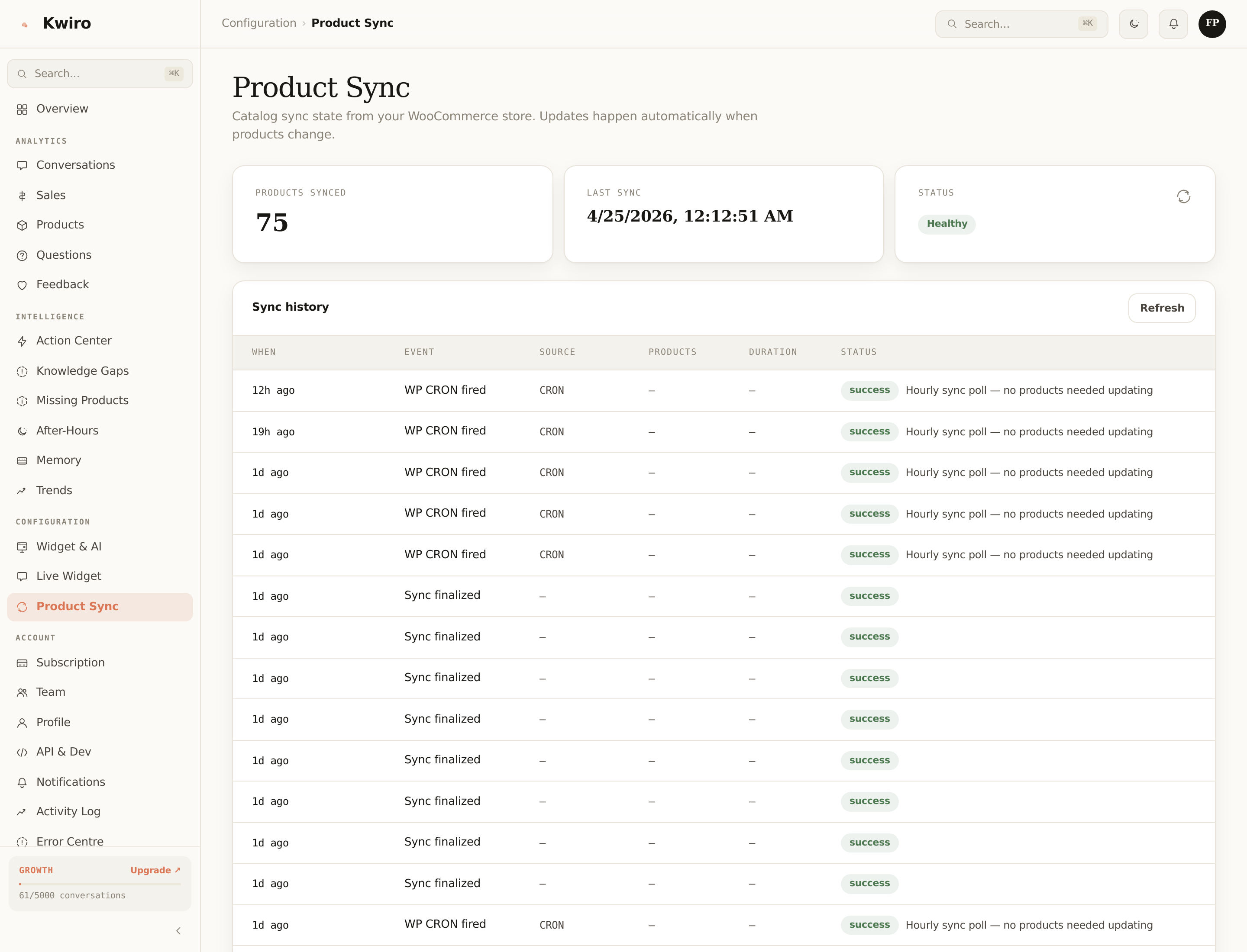 The Product Sync page showing 75 products synced, last-sync timestamp, Healthy status, and a sync history table with WP-CRON entries and Sync-finalized events.