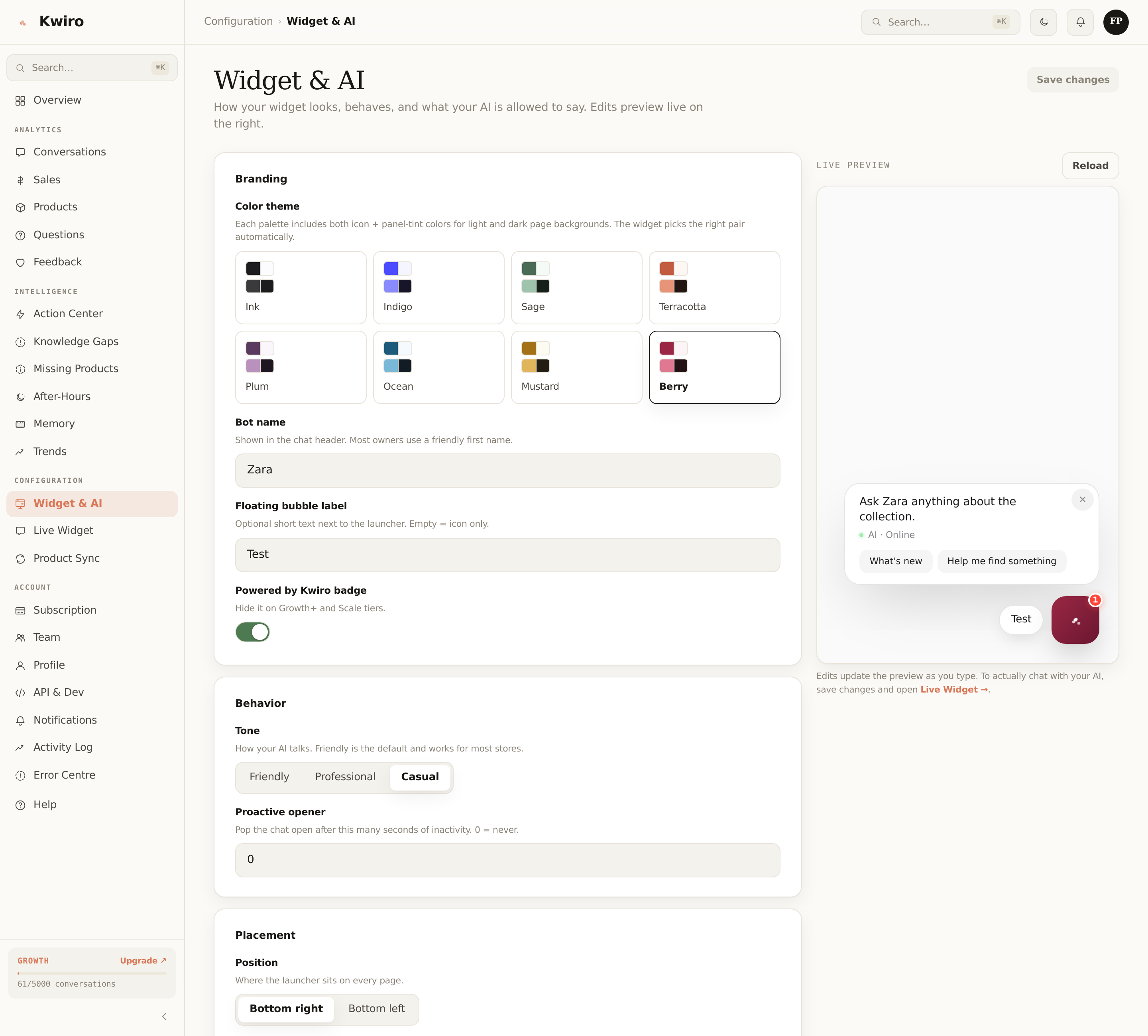 The Widget & AI configuration page showing color theme palettes, bot name, floating bubble label, Powered-by toggle, tone presets (Friendly / Professional / Casual), proactive opener, placement, and a live preview iframe on the right.