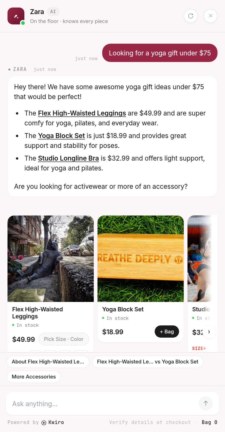Kwiro widget on the FitGear demo store answering 'Looking for a yoga gift under $75' with three bulleted product recommendations: Flex High-Waisted Leggings $49.99, Studio Longline Bra $32.99, Yoga Block Set $18.99 — and a friendly close question.