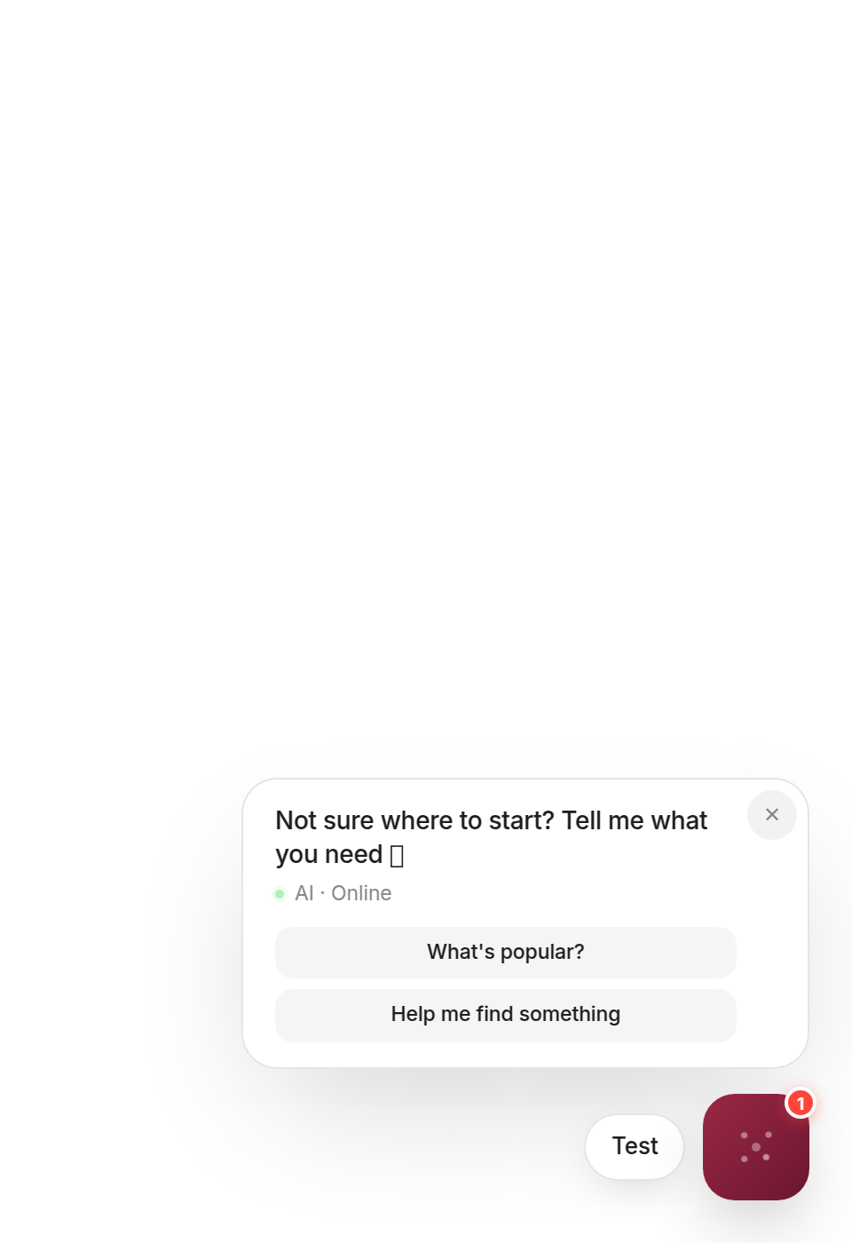 Widget proactive greeting on the FitGear demo store, with a 'Looking for something?' bubble and quick-reply chips.
