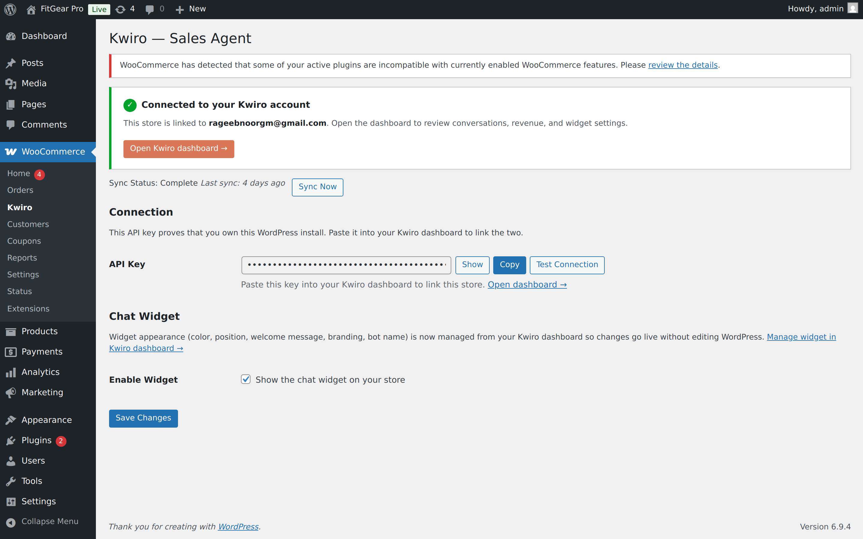 Kwiro plugin settings page in wp-admin showing the connection status, API key field, sync controls, and widget toggle.